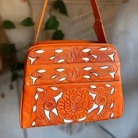 Handcrafted Tooled Leather Bag - 10x9 Orange Crossbody Purse Made in Mexico - Picture 1 of 12